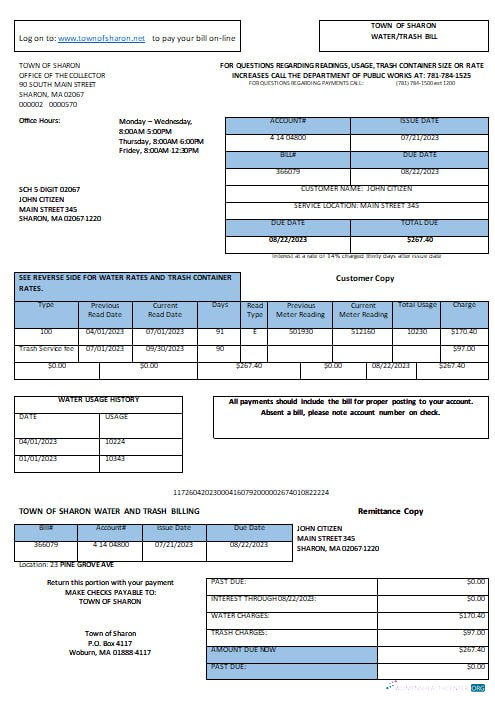 download download USA Sharon Town of Sharon water trash utility bill Word and PDF formats PDF template PDF template